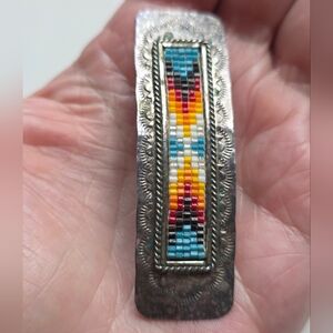 Native American Navajo Glass Bead Hand Stamped Hammered Sterling Silver Barrette